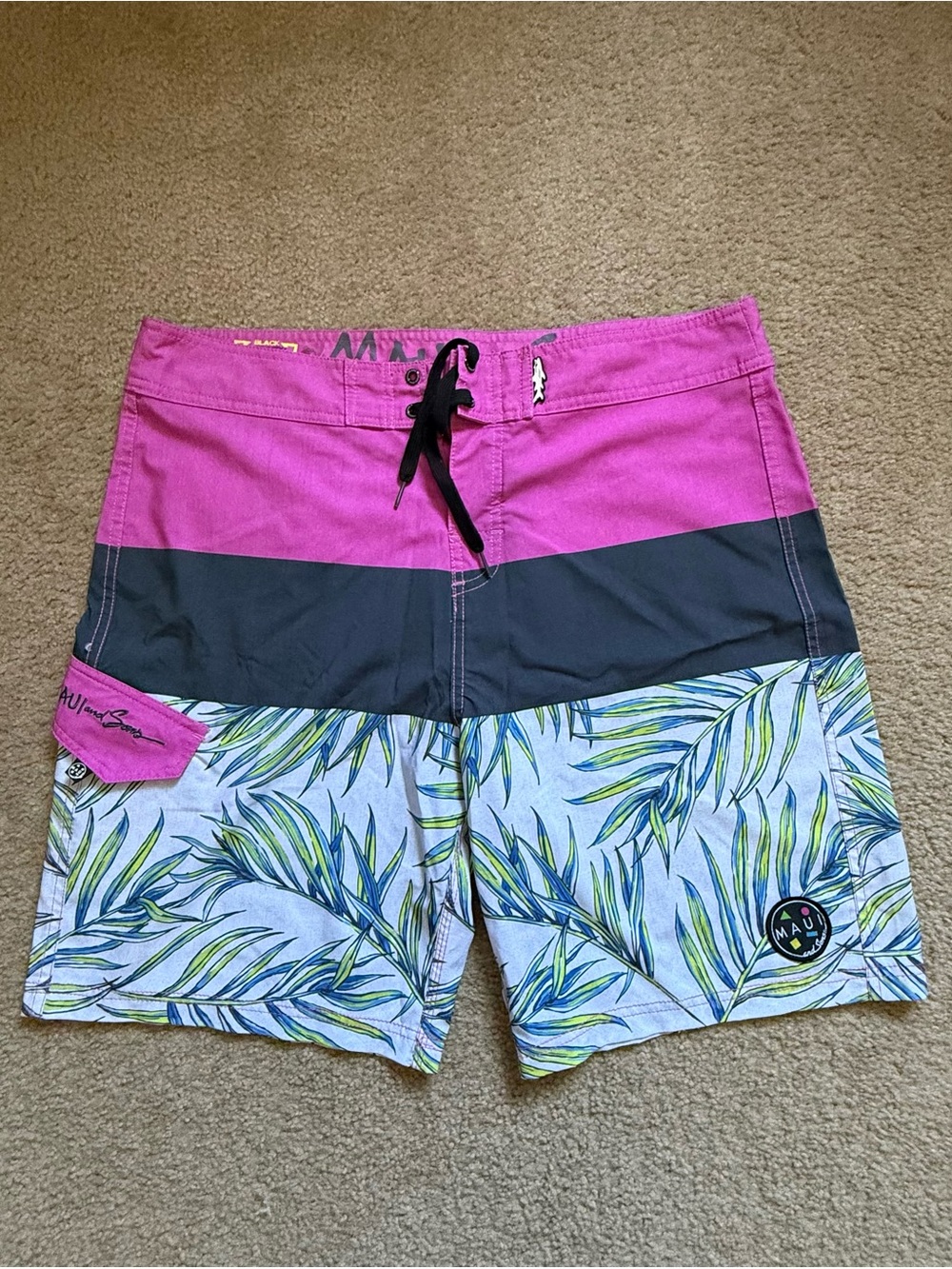 Maui and Sons Pink, Black & Green Tropical Men’s Hybrid Shorts